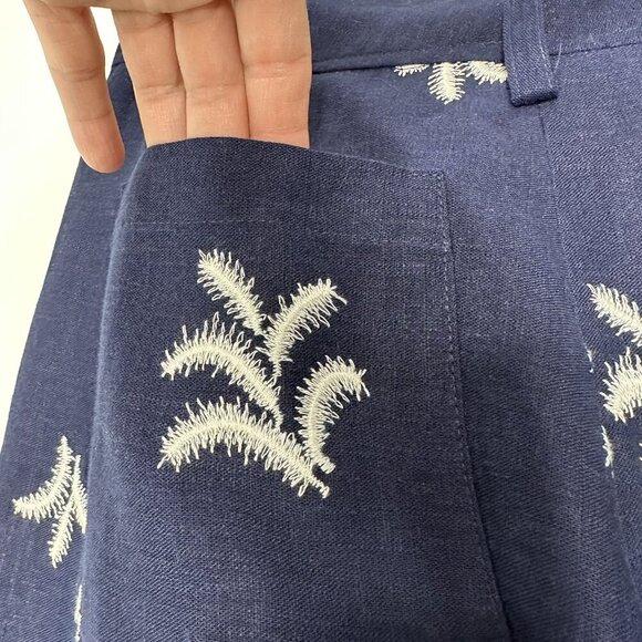 Elie Tahari Wide Leg Pants Size 6 Navy Blue Palm Embroidered Linen - Picture 4 of 11